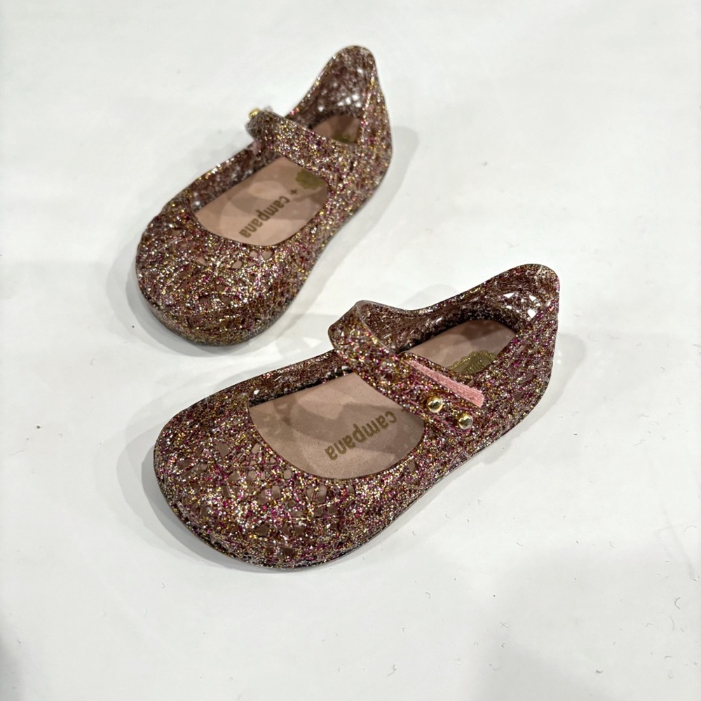 Mini Melissa Girls Pink Glitter & Nude Bow Jelly Mary Jane Sandals - Picture 4 of 12